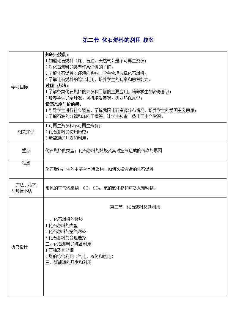 鲁教版九年级化学上册：第六单元 6.2 化石燃料的利用-教案01