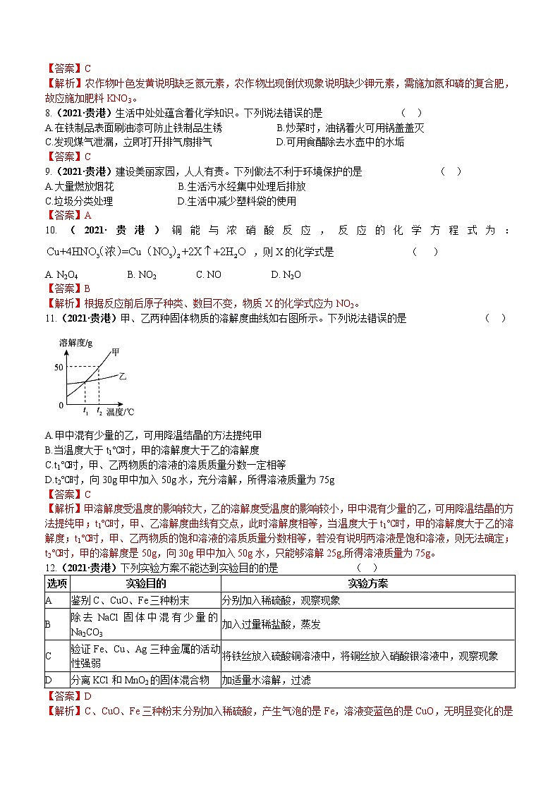 2021广西贵港市中考化学试题解析02