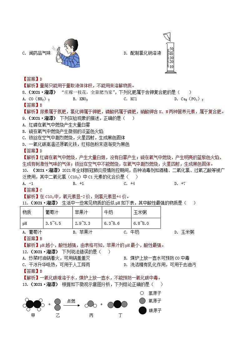 2021湖南省湘潭市中考化学试题解析02
