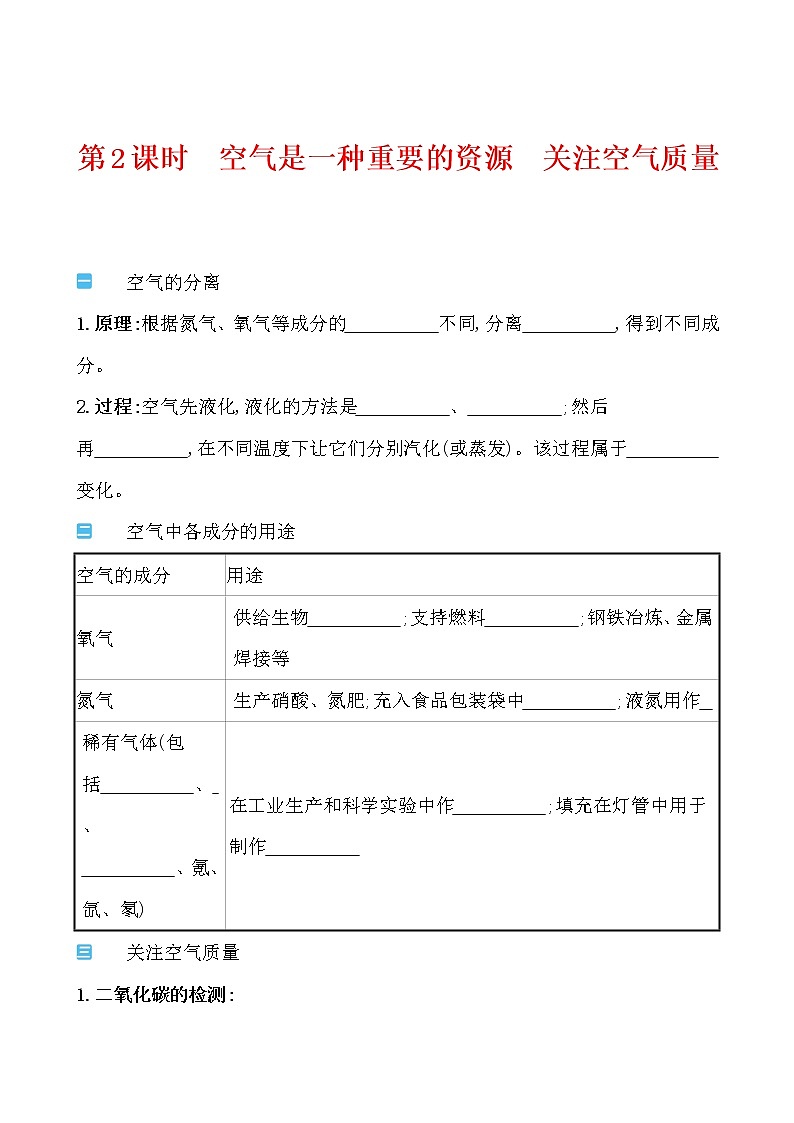 第四单元 第一节 第2课时空气是一种重要的资源关注空气质量 导学案 2021-2022鲁教版化学九年级上册(学生版）第1页