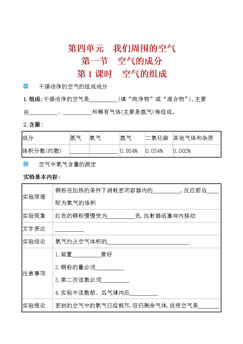 第四单元 第一节 第1课时空气的组成 导学案 2021-2022鲁教版化学九年级上册(学生版）第1页
