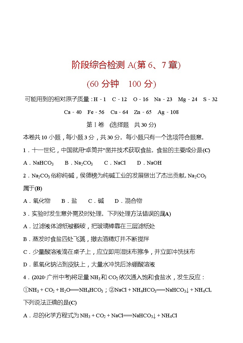 阶段综合检测A(第6~7章) 同步练习 2021-2022学年沪教版化学 九年级（教师版）第1页