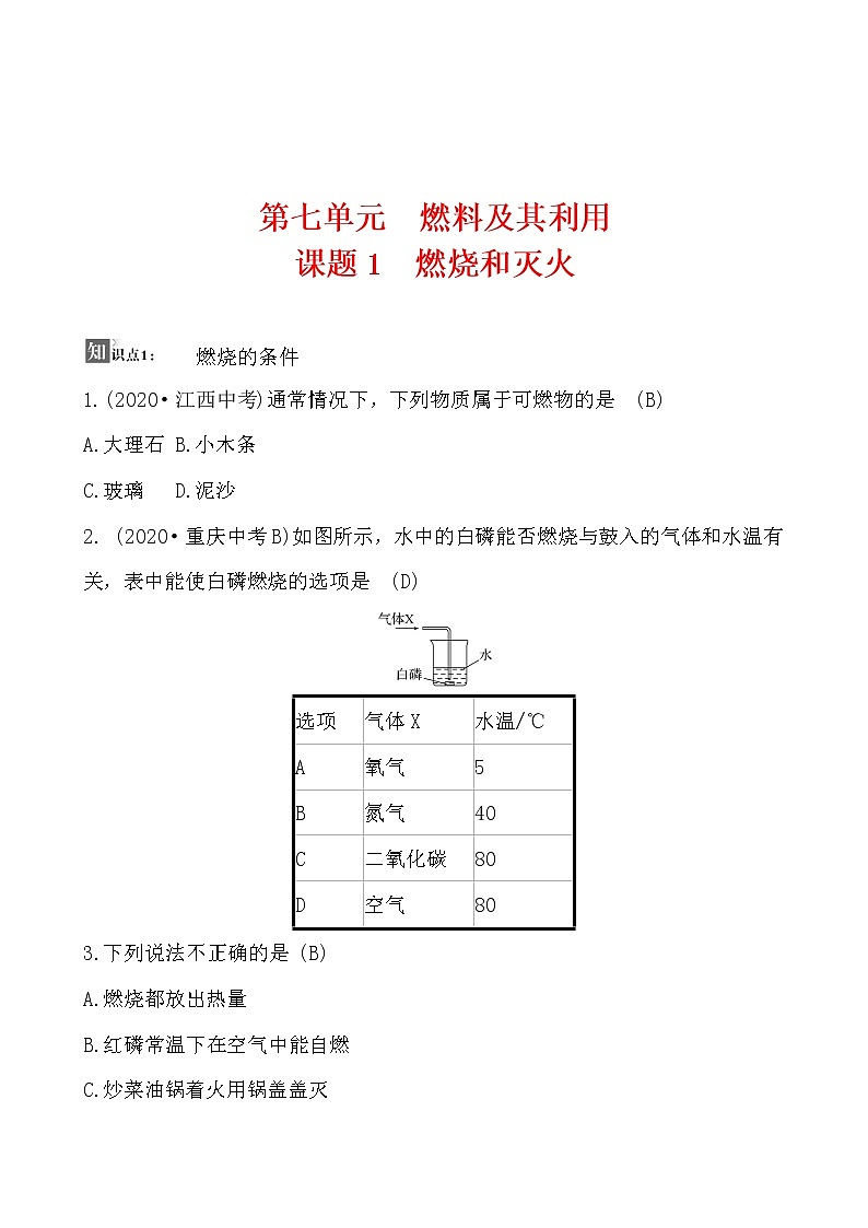 第七单元 课题1 燃烧和灭火 同步练习  2021-2022人教版化学九年级上册(教师版）第1页