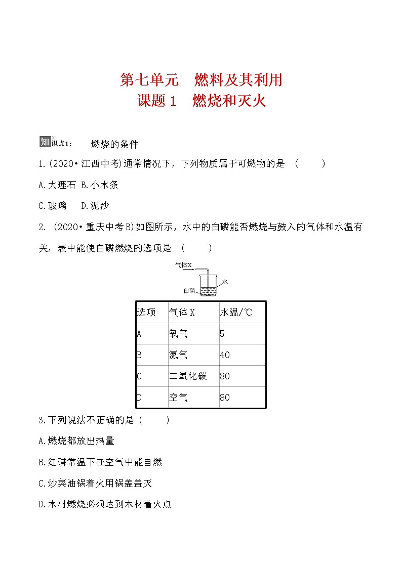 第七单元 课题1 燃烧和灭火 同步练习  2021-2022人教版化学九年级上册(学生版）第1页