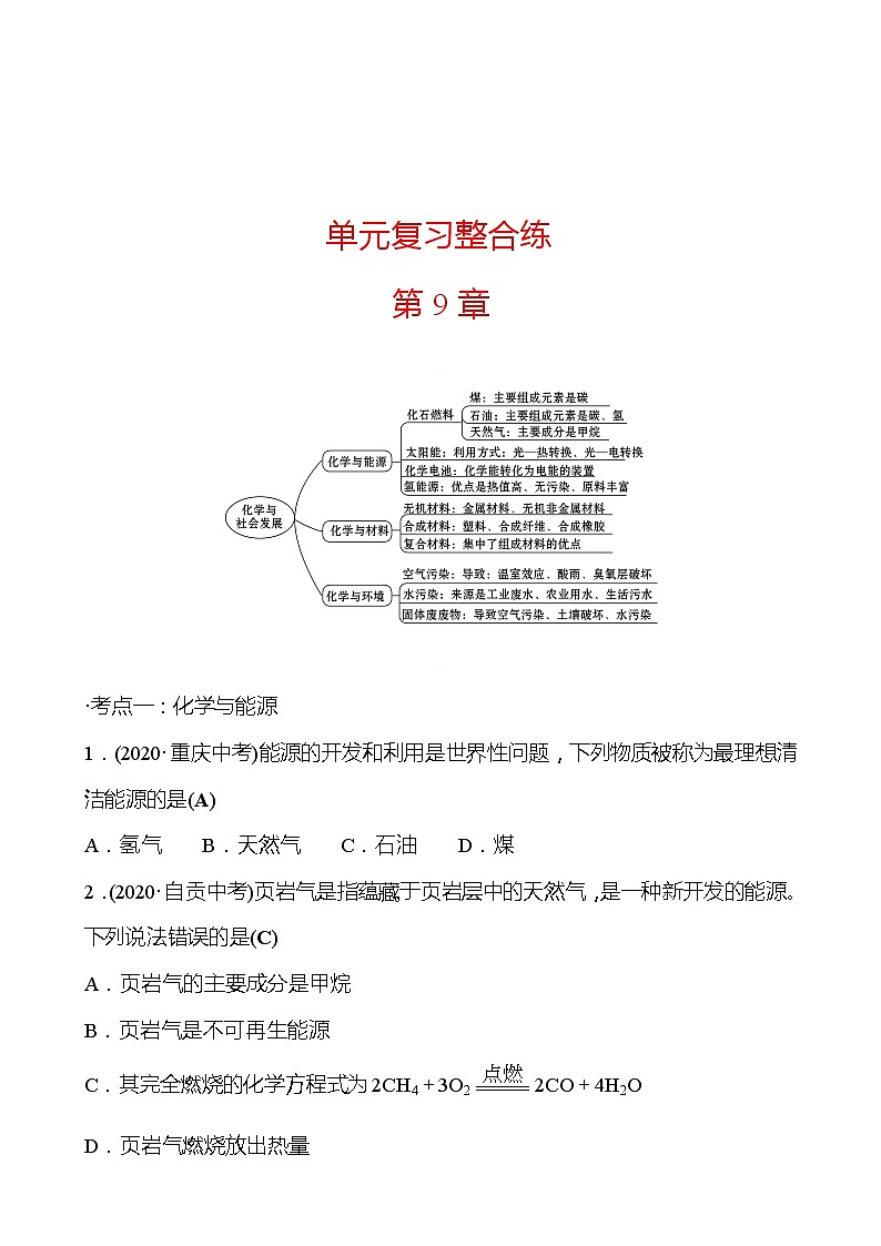 第9章 单元复习整合练 同步练习 2021-2022学年沪教版化学 九年级（教师版）第1页