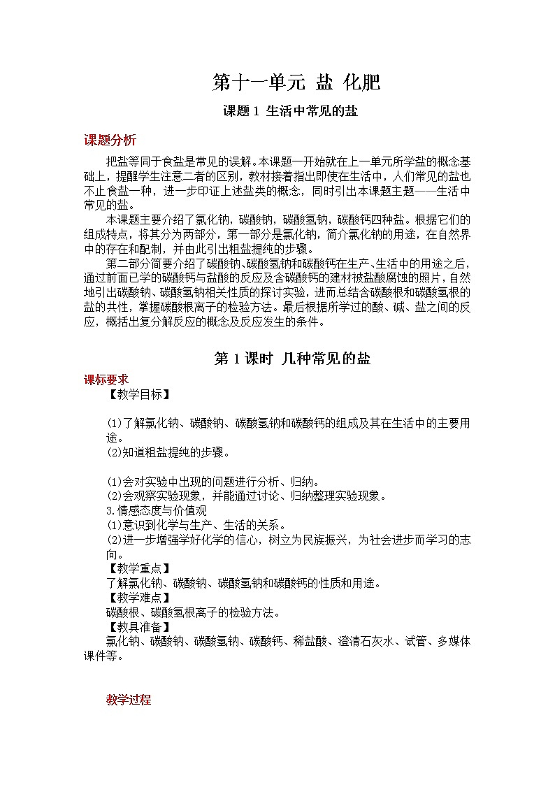 第1课时 几种常见的盐（教案）第1页