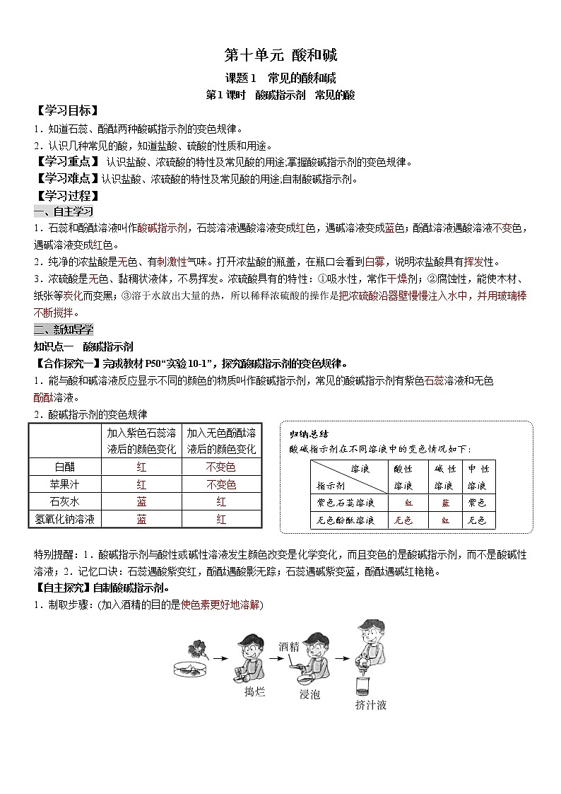 人教版初中化学九下学案   第十单元 酸和碱01
