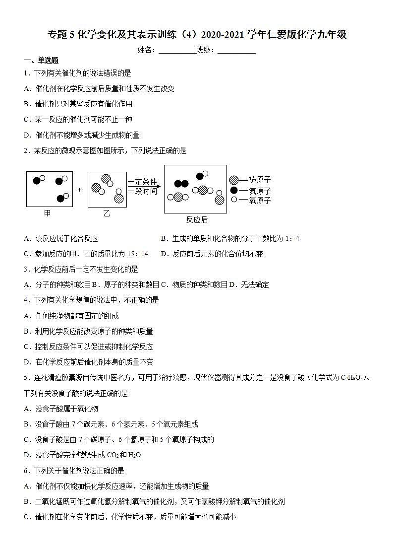 专题5化学变化及其表示训练（4）2020-2021学年仁爱版化学九年级01