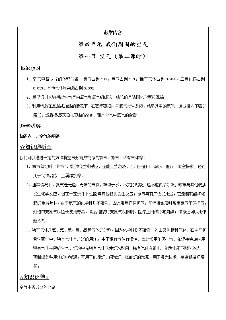 4.1.2 空气的用途及保护——解析版九年级化学上册同步辅导讲义（鲁教版）学案01