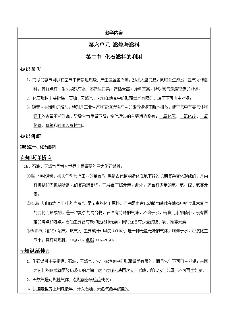 6.2 化石燃料的利用——解析版九年级化学上册同步辅导讲义（鲁教版）学案01
