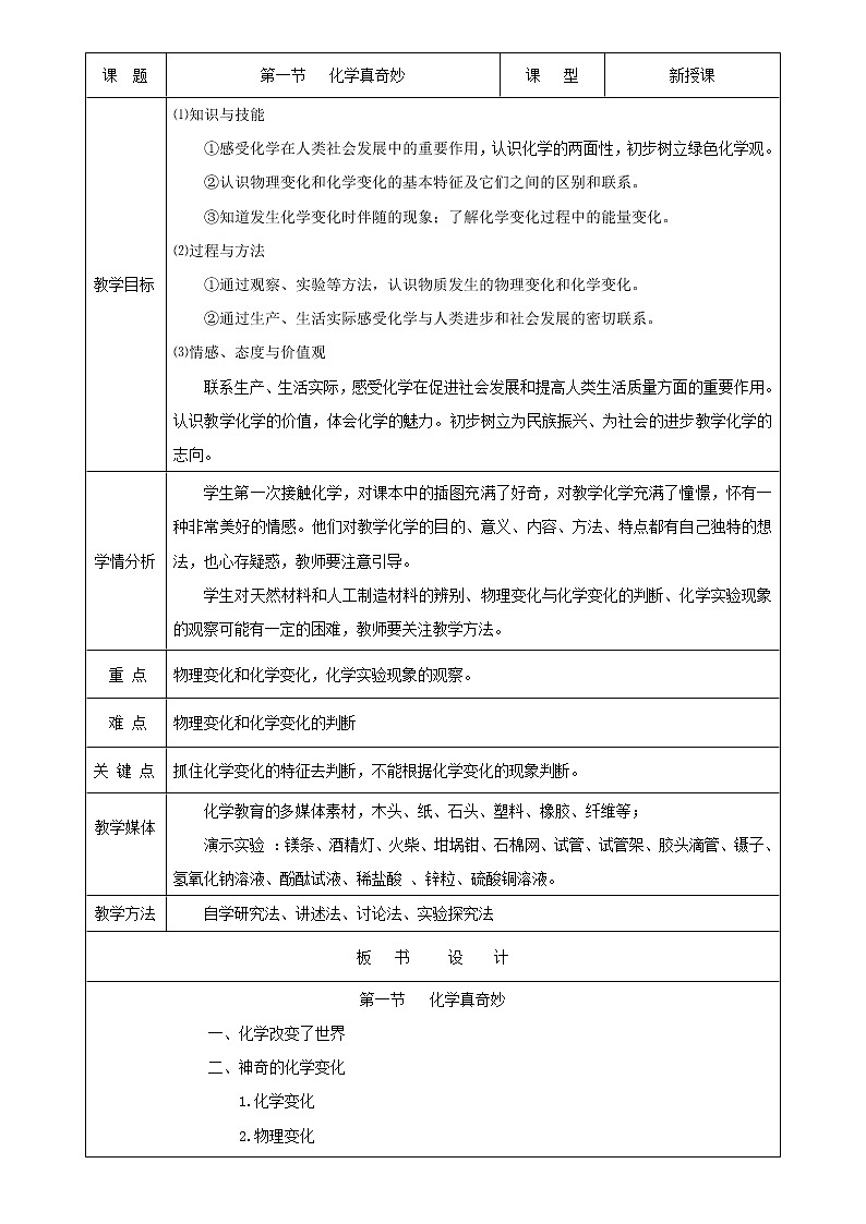 鲁教版（五四制）八年级全一册 1.1 化学真奇妙（教案）01