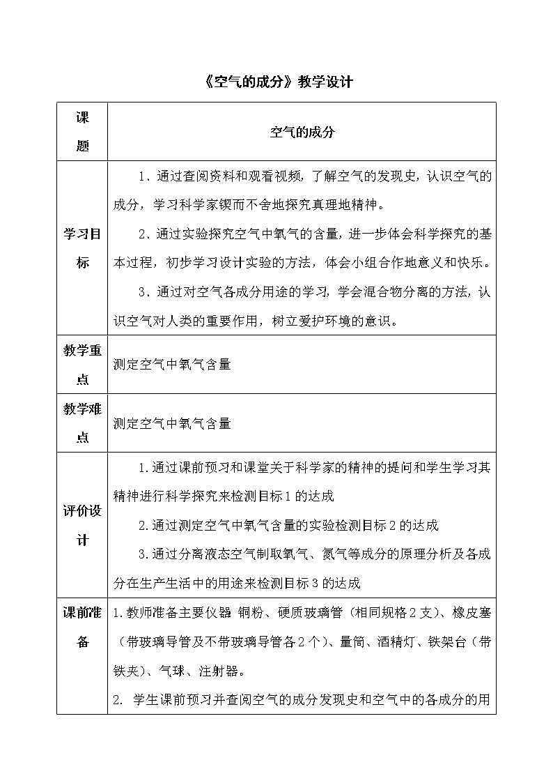 鲁教版（五四制）八年级全一册 4.1 空气的成分（教案）第1页