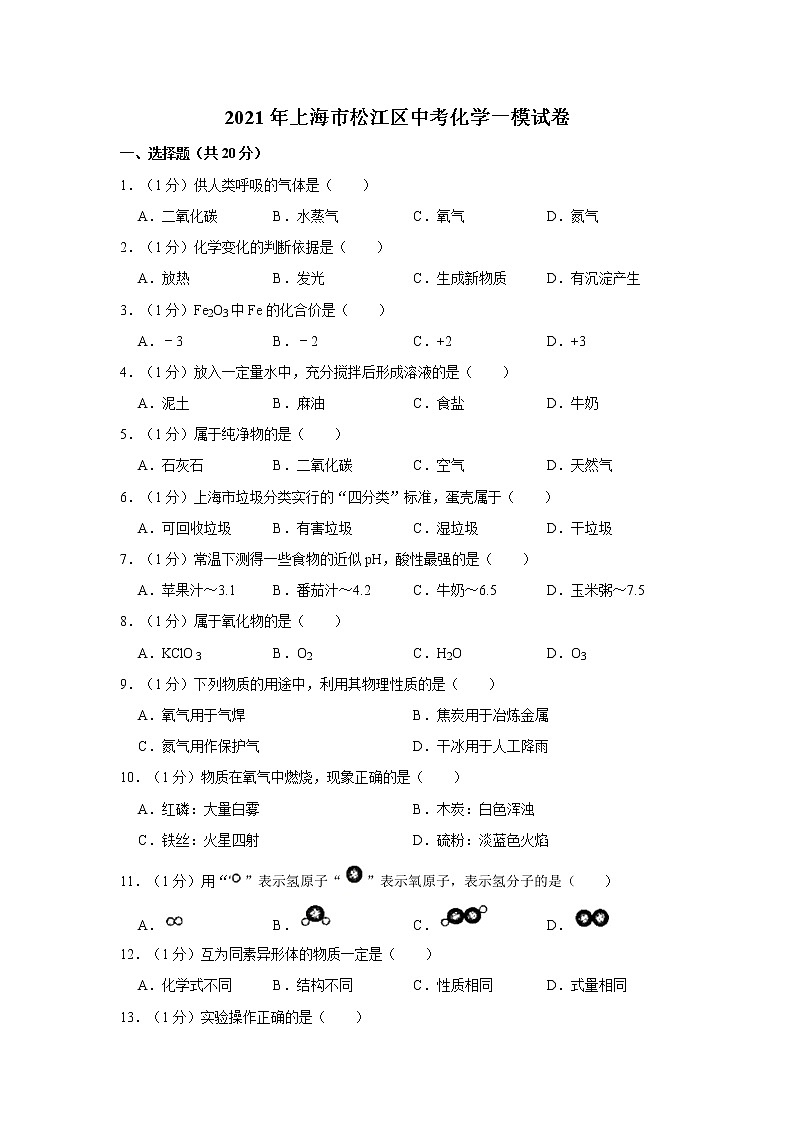 2021年上海市松江区中考化学一模试卷01