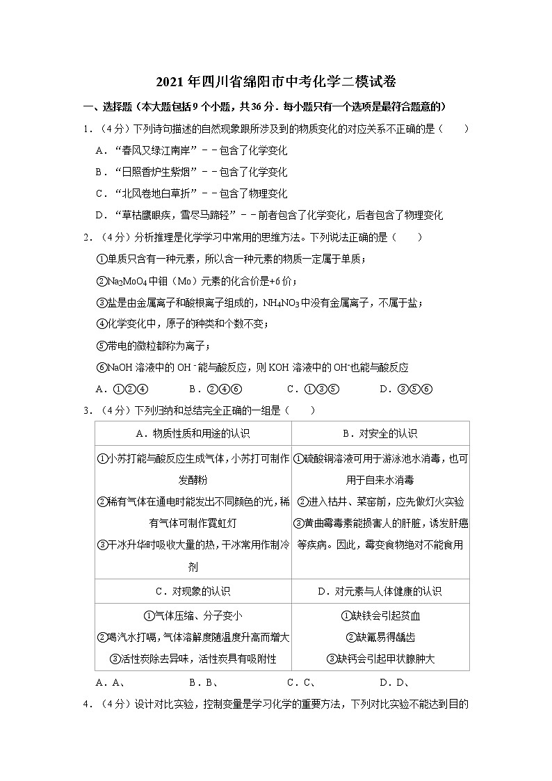 2021年四川省绵阳市中考化学二模试卷01