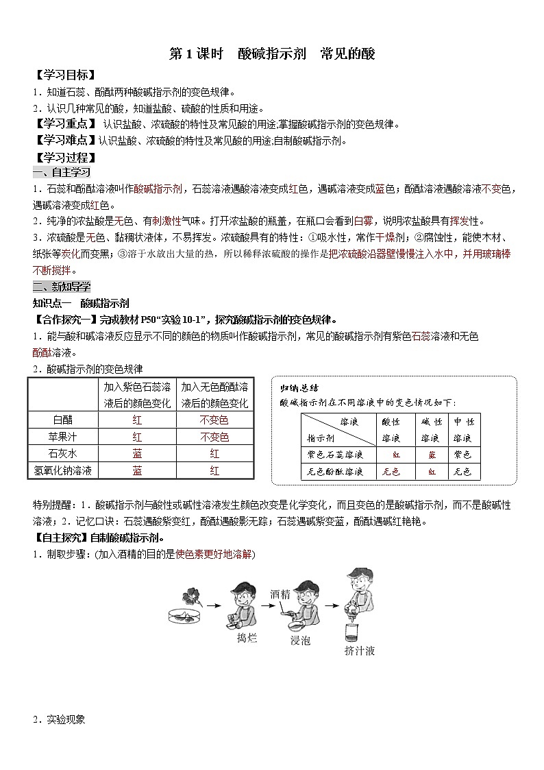 10.1.1 酸碱指示剂 几种常见的酸 学案及答案（学生用+教师用）01