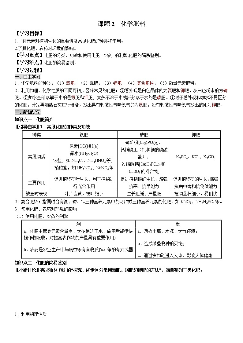 11.2 化学肥料 学案及答案（学生用+教师用）01
