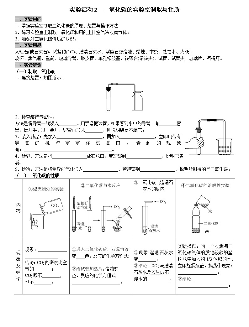 初中化学人教版九年级上册第六单元碳和碳的氧化物实验活动2二氧化碳