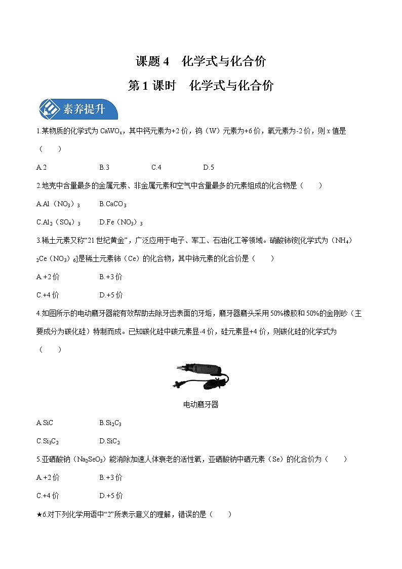 第四单元 课题4 化学式与化合价 第1课时 课时练习  初中化学人教版九年级上册 （2021年）01