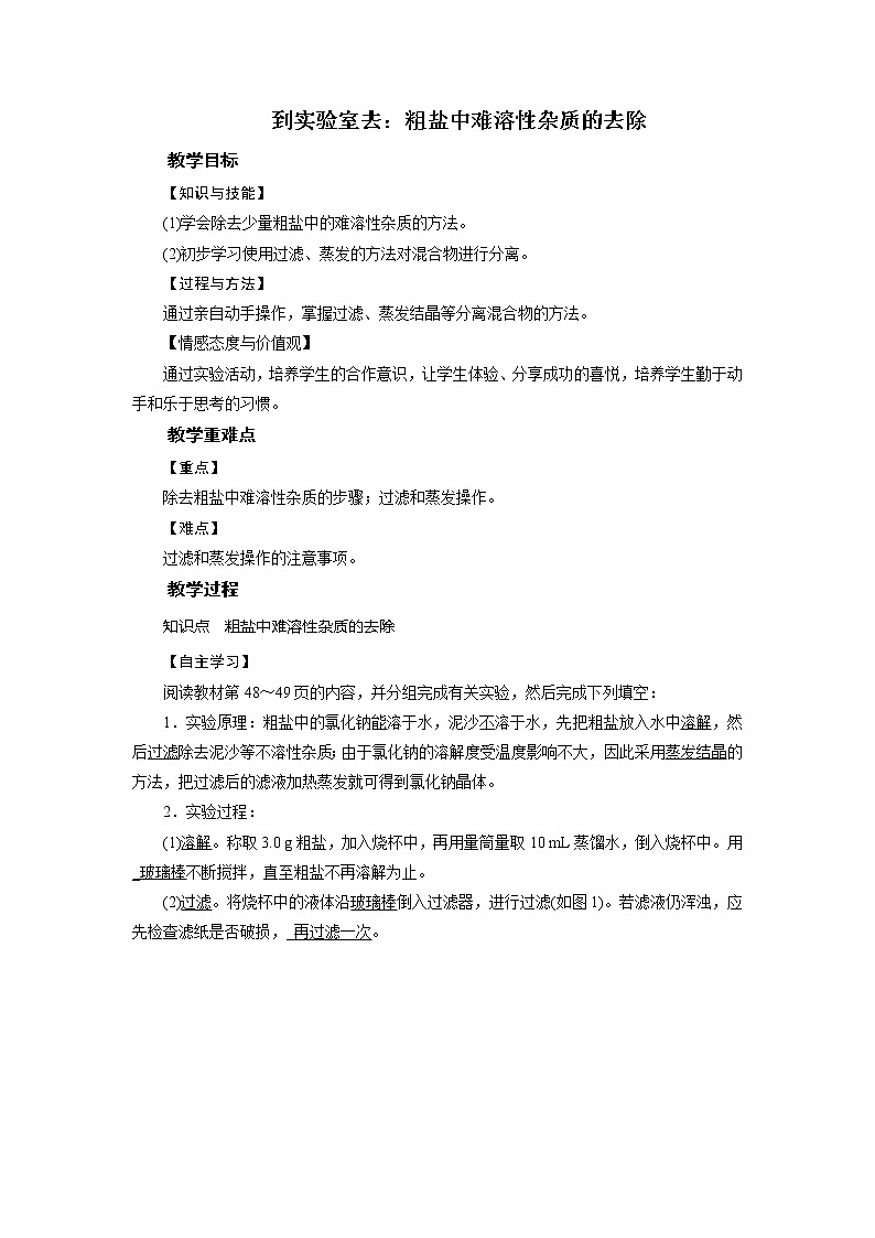 2021-2022学年年鲁教版九年级化学下册教案第8单元  到实验室去：粗盐中难溶性杂质的去除第1页