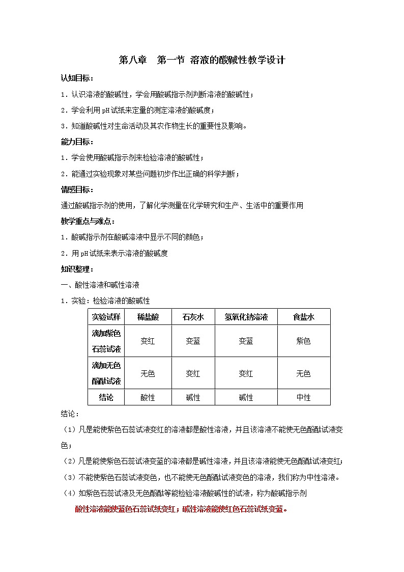 科粤版化学九年级下册 8.1 溶液的酸碱性 教案01
