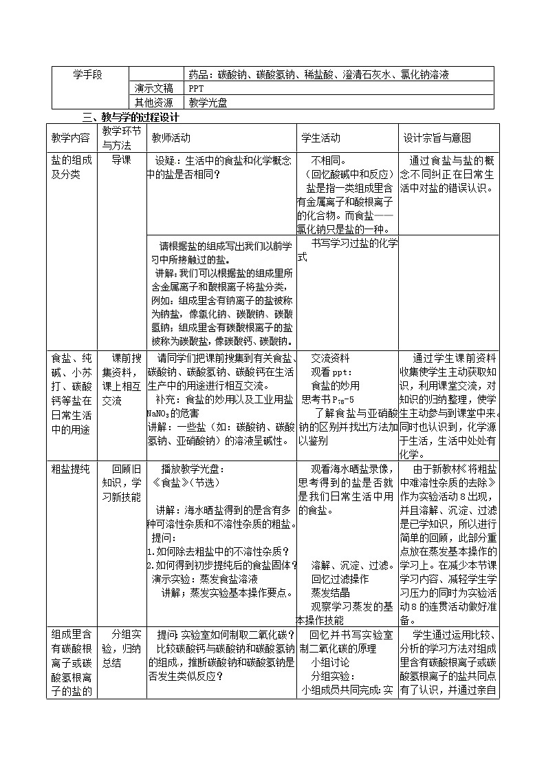 人教五四制初中化学九年级全册《第四单元  课题1 生活中常见的盐》教案02