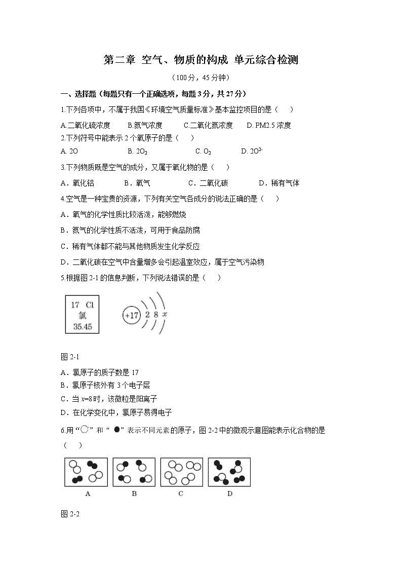 2021年初中化学九年级上册科粤版 第二章 空气、物质的构成 单元综合检测第1页