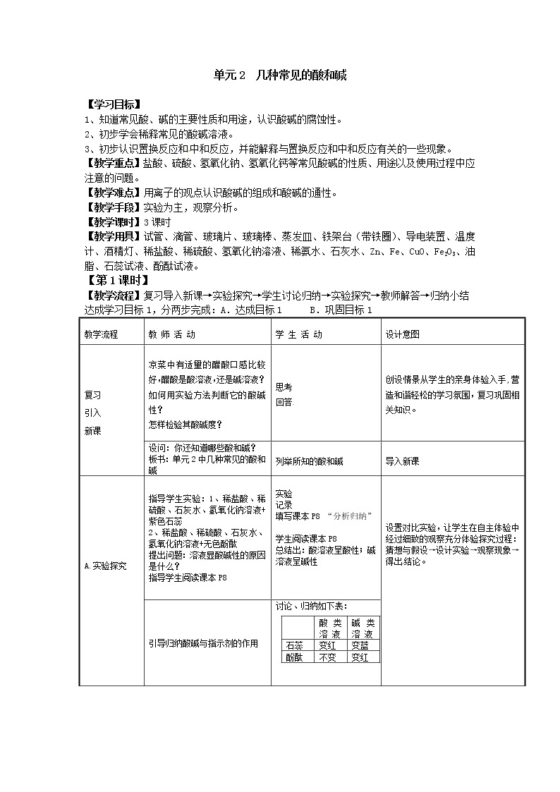 湘教初中化学九下《专题七 单元2 几种常见的酸和碱》教案01