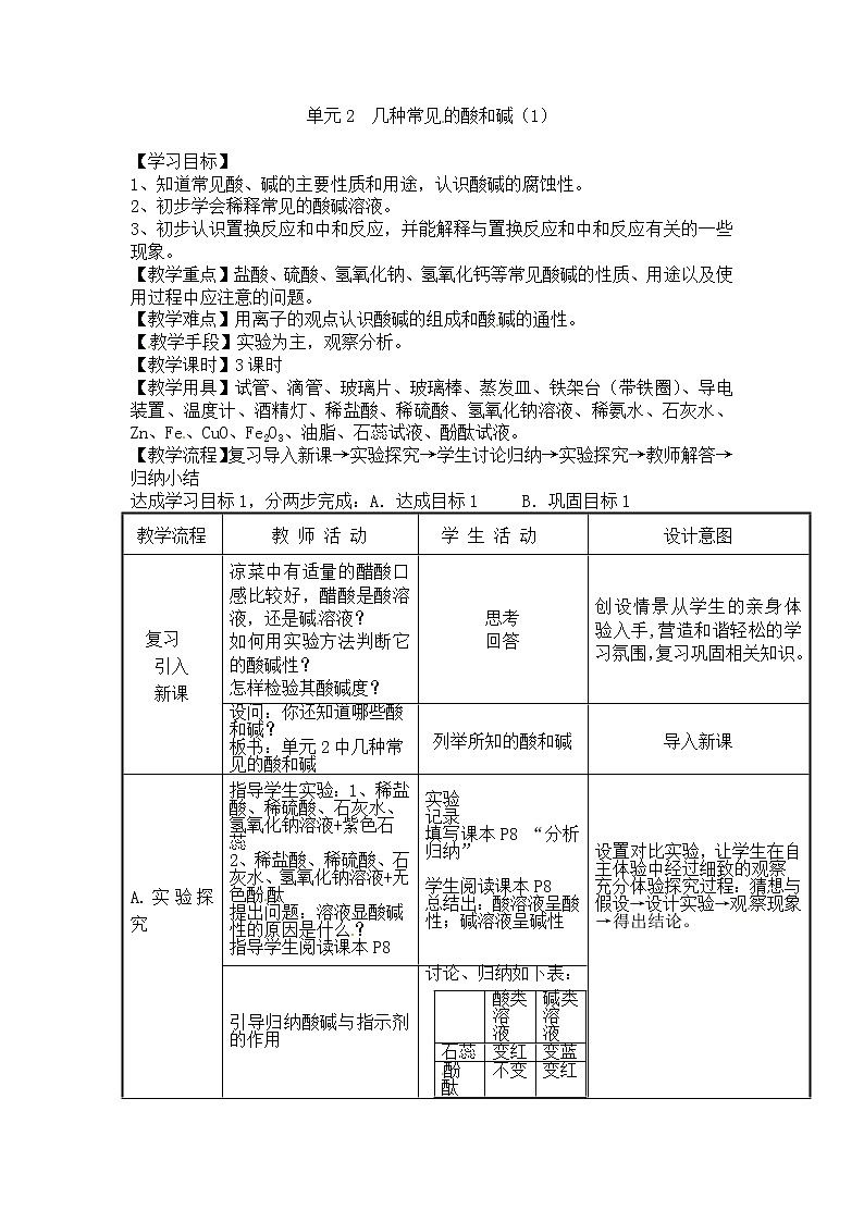 湘教初中化学九下《专题七 单元2 几种常见的酸和碱》教案01