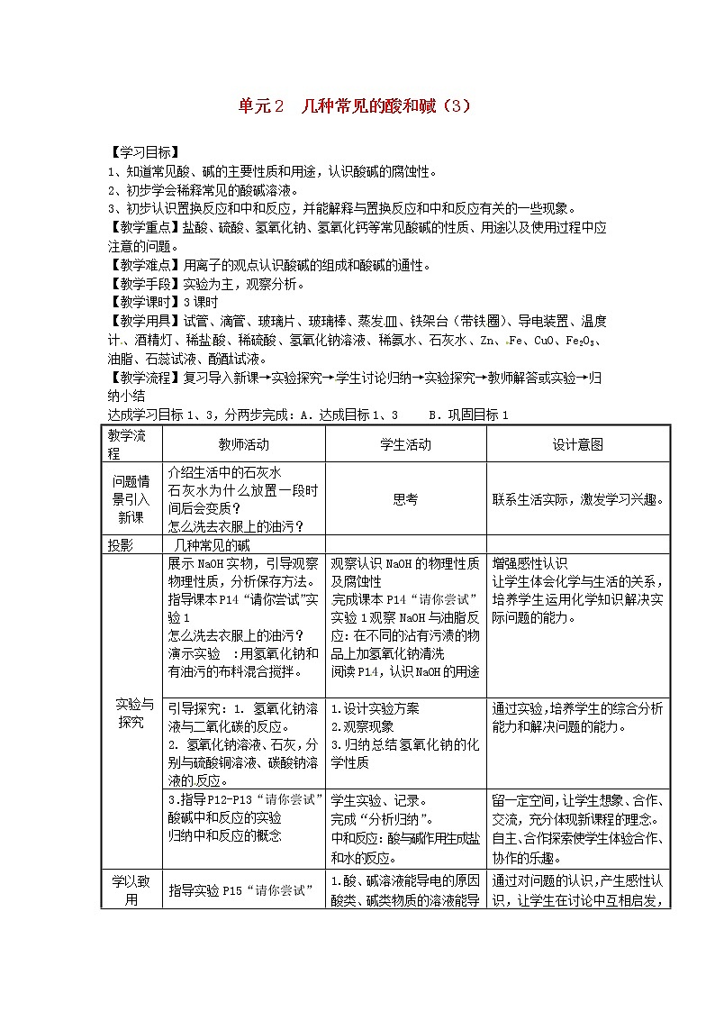 湘教初中化学九下《专题七 单元2 几种常见的酸和碱》教案01