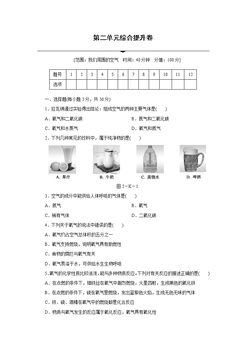 人教版初中化学九上  第二单元我们周围的空气 综合提升卷第1页