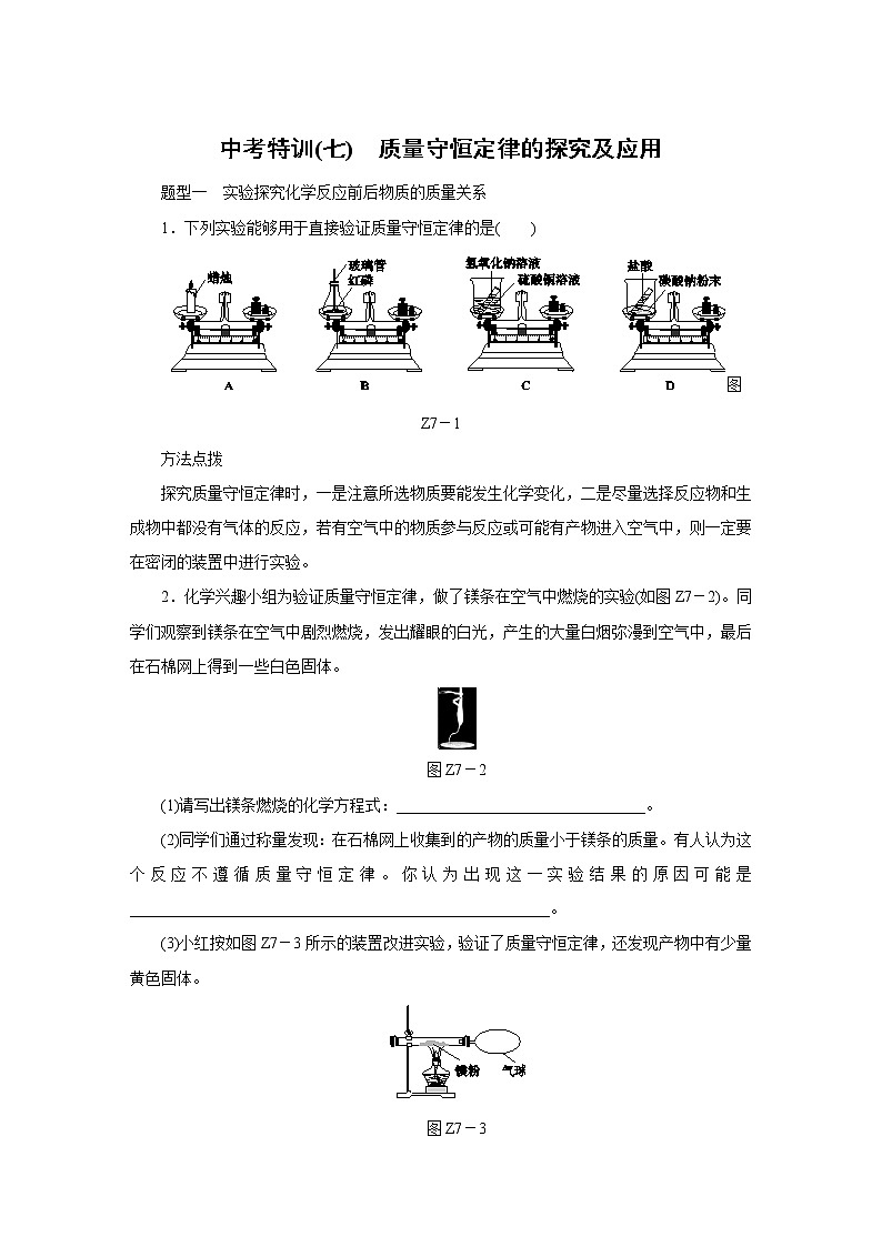 人教版初中化学   中考特训(七)　质量守恒定律的探究及应用练习题01