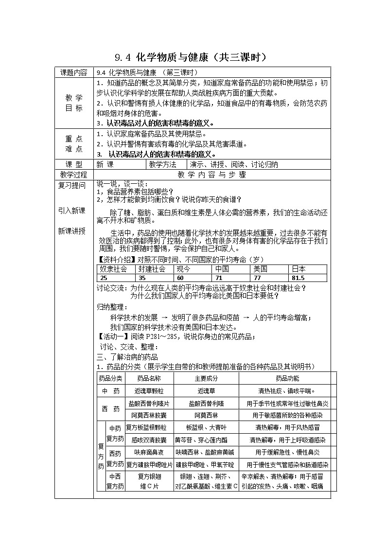 科粤版化学九年级下册 9.4化学物质与健康 教案第1页