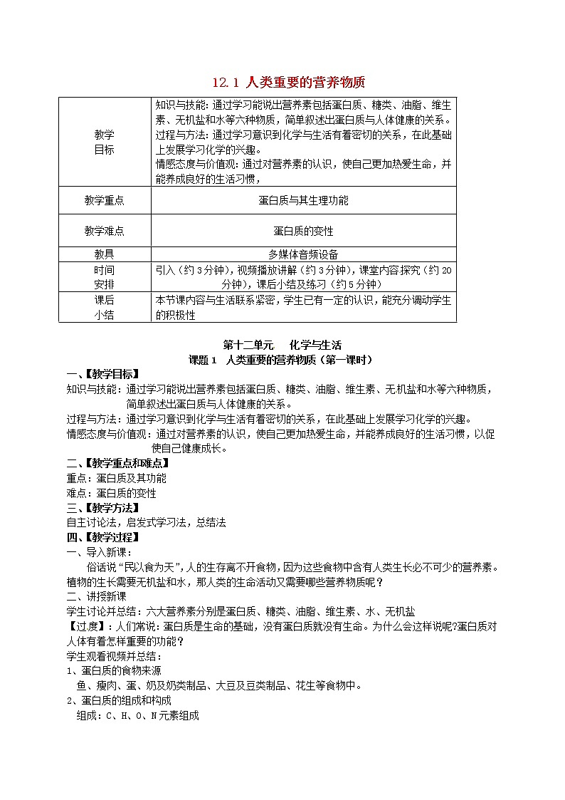 人教五四制初中化学九下《第五单元  课题1 人类重要的营养物质》教案第1页