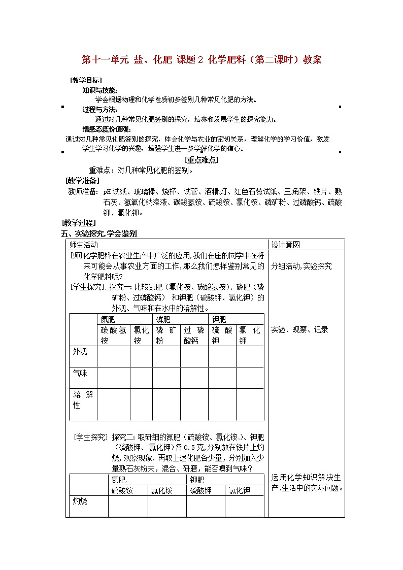 人教五四制初中化学九年级全册《第四单元 课题2 化学肥料》教案第1页