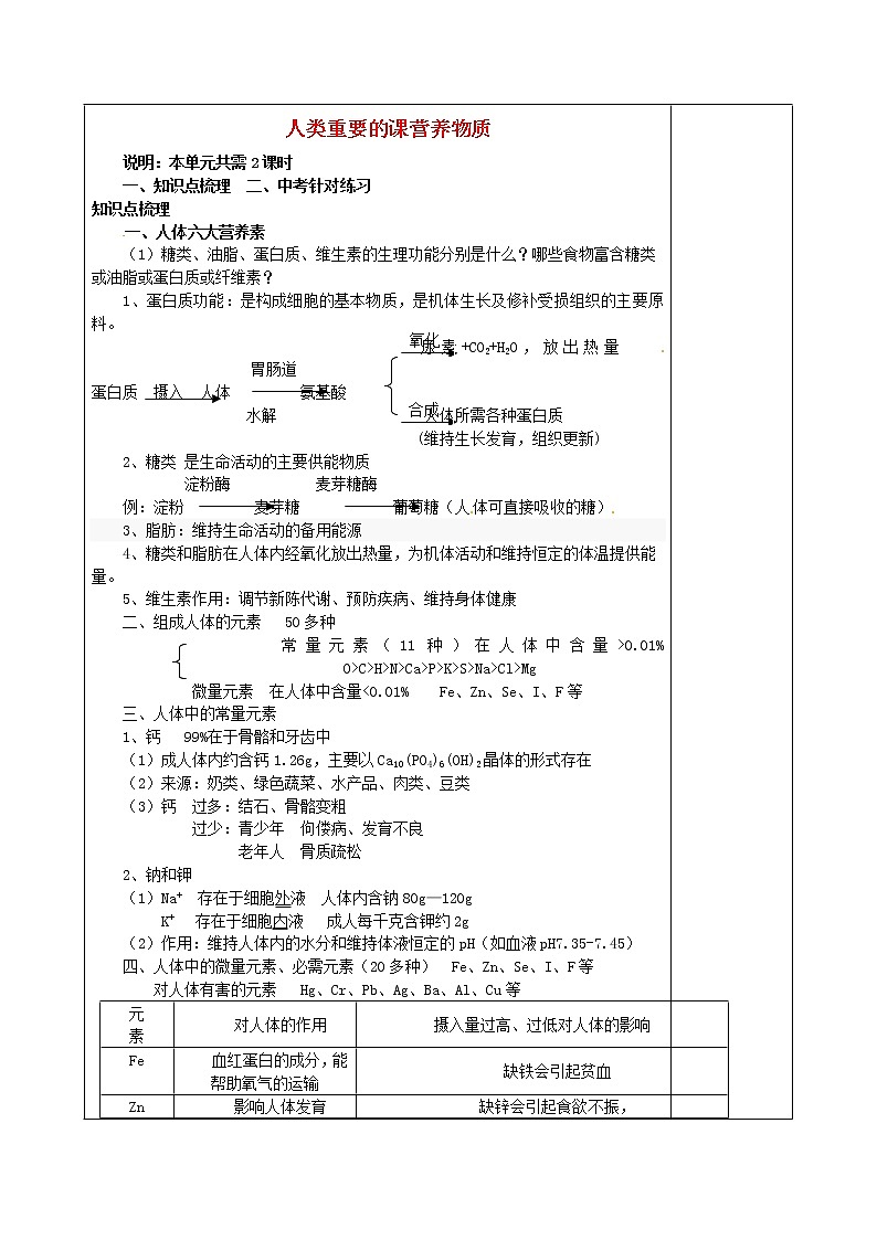 人教五四制初中化学九年级全册《第五单元  课题1 人类重要的营养物质》教案01