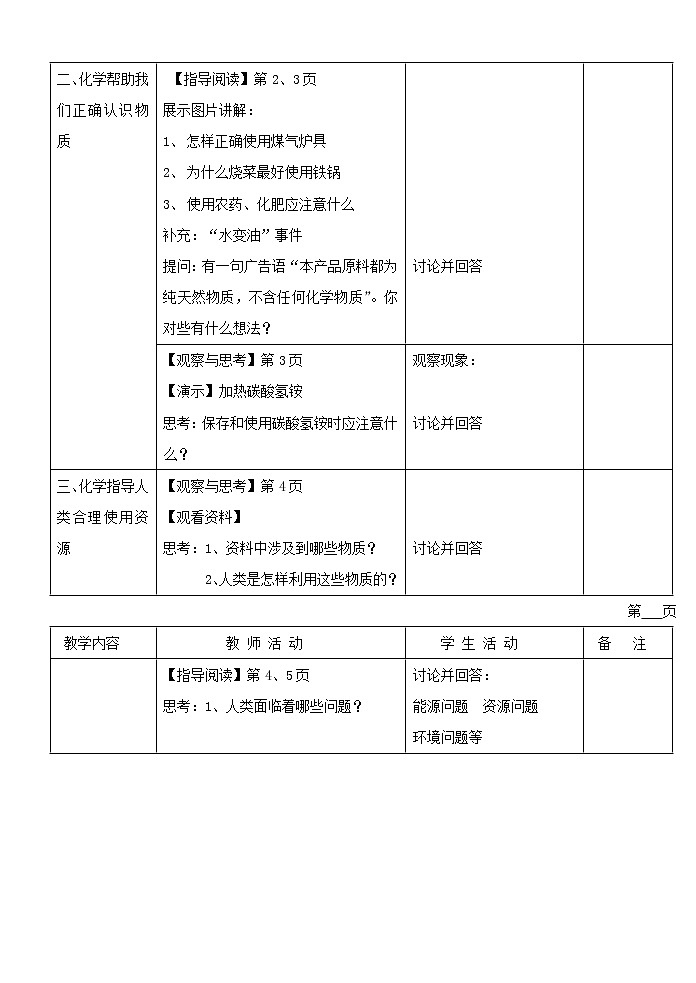 沪教初中化学九上《第1章 第1节 化学给我们带来什么》教案第2页