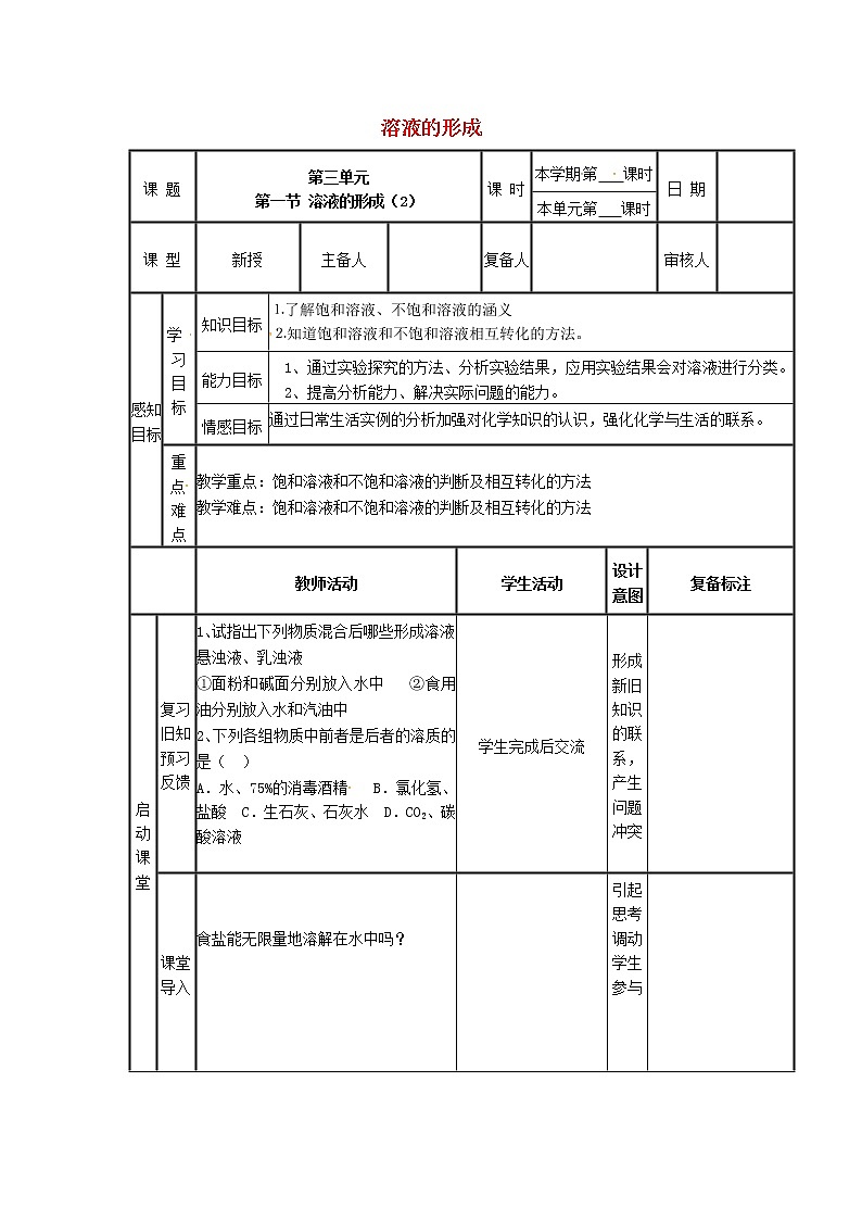 鲁教初中化学九上《第三单元 第1节 溶液的形成》教案第1页