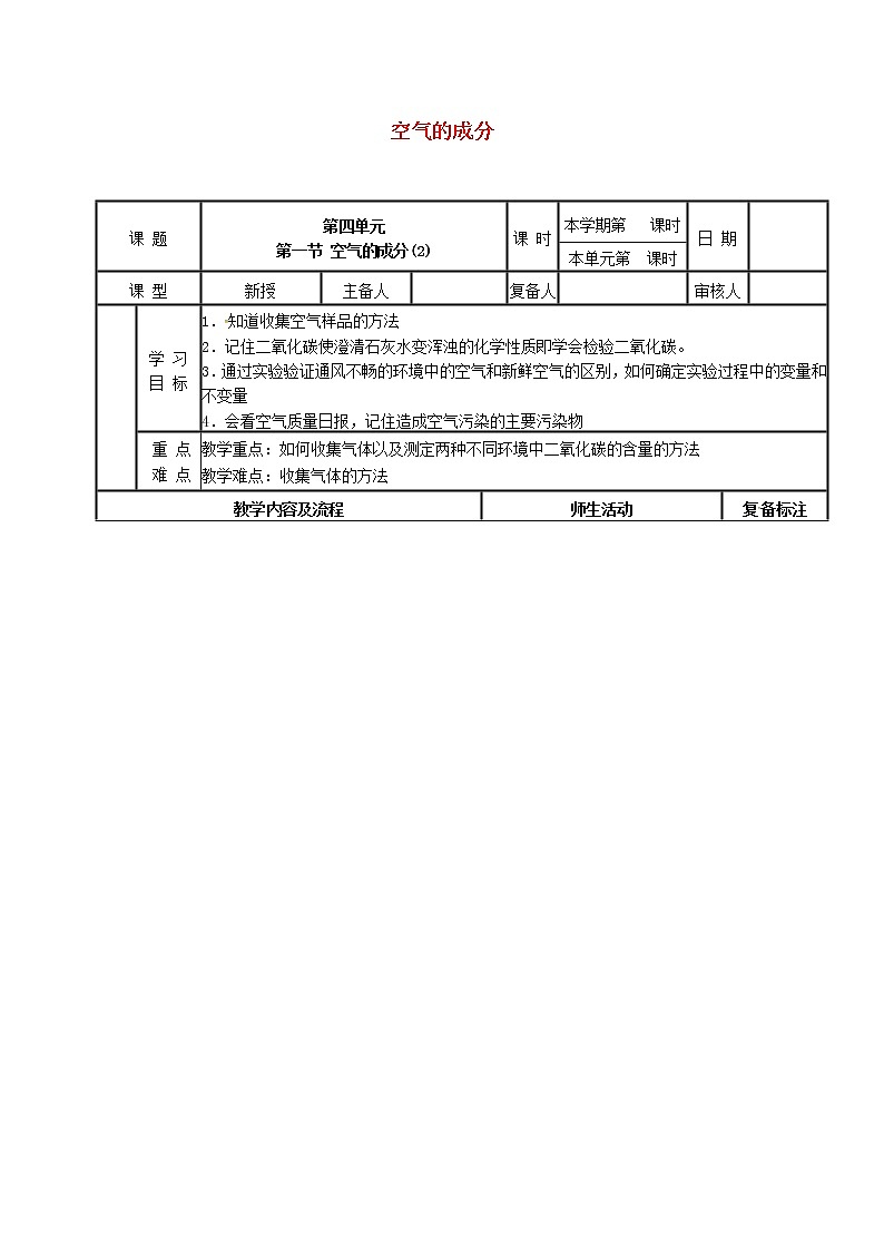 鲁教初中化学九上《第四单元 第1节 空气的成分》教案第1页