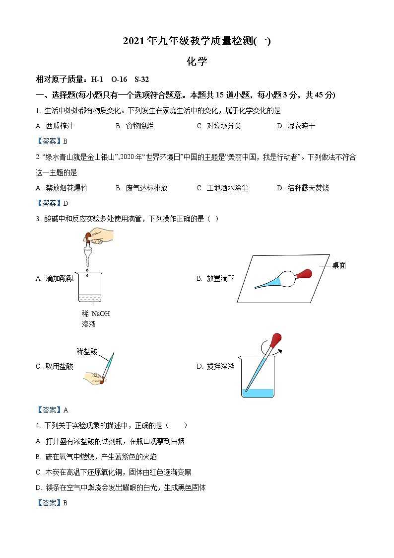 2020年湖南省岳阳市平江县中考一模化学试题第1页