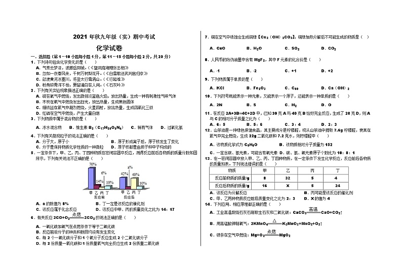湖北省天门市八校联考2021-2022学年九年级上学期期中考试化学试题（实验班）（word版 含答案）第1页