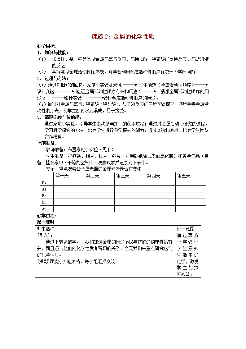 第八单元《课题2 金属的化学性质》教案第1页