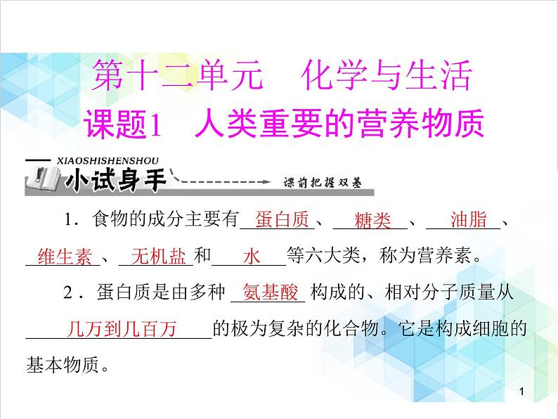 第十二单元 课题1 人类重要的营养物质 课件第1页