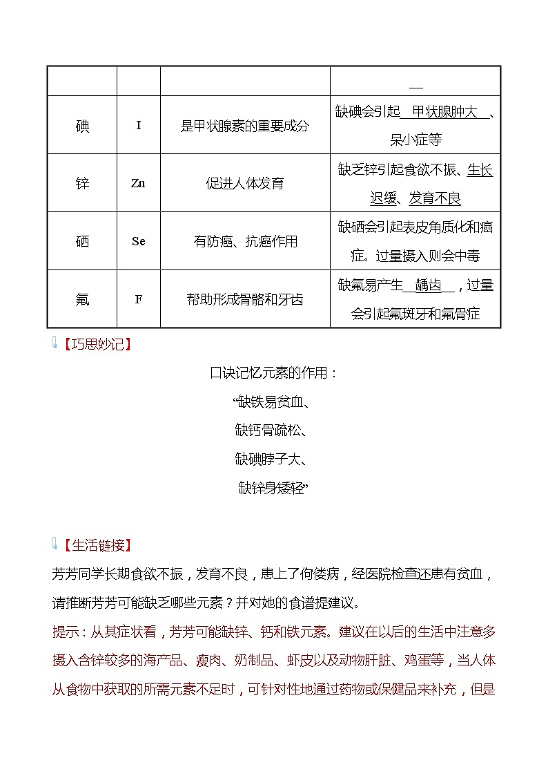 第十单元　第二节　化学元素与人体健康 学案（教师版）—2020-2021学年九年级化学鲁教版下册第2页