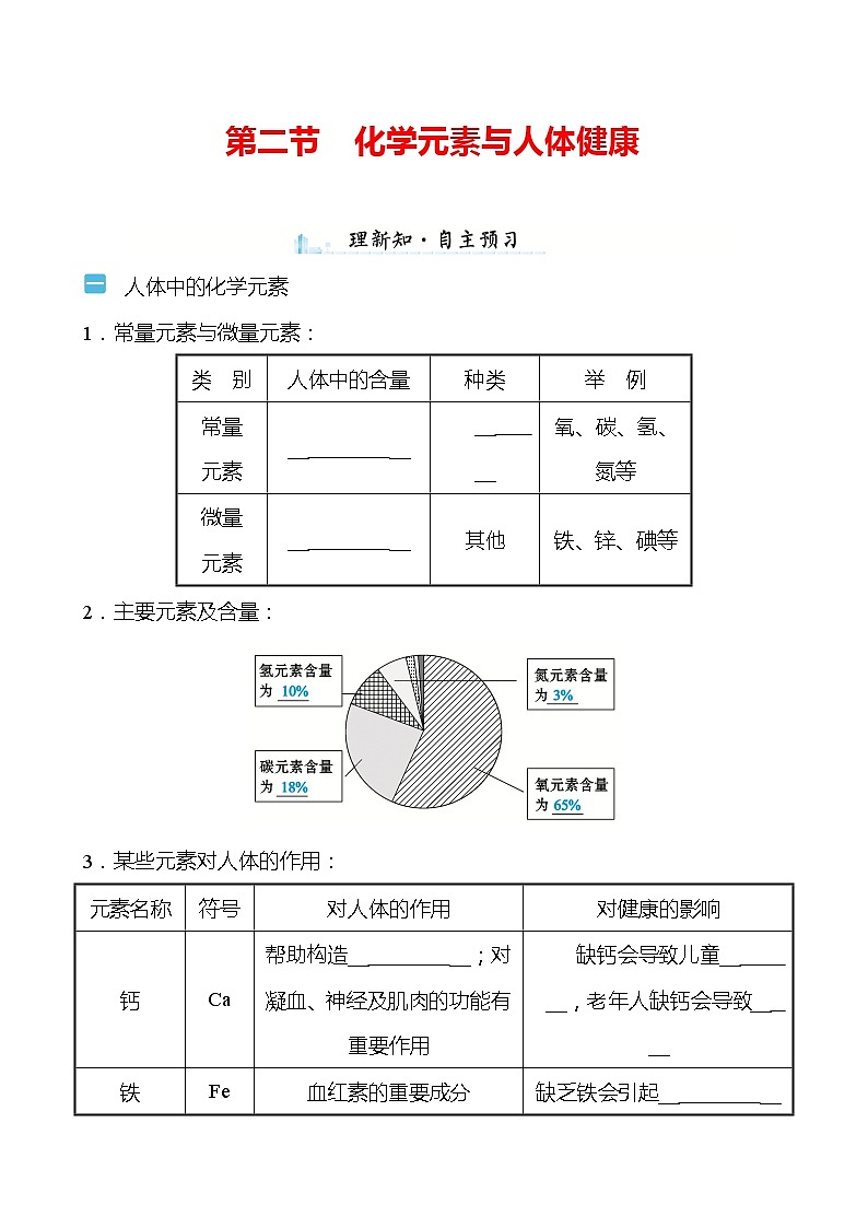 第十单元　第二节　化学元素与人体健康 学案（学生版）—2020-2021学年九年级化学鲁教版下册第1页