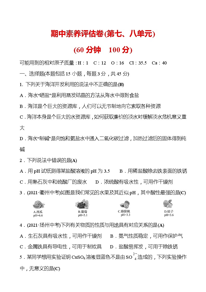 期中素养评估卷（第七、八单元） 试卷—2020-2021学年九年级化学鲁教版下册01