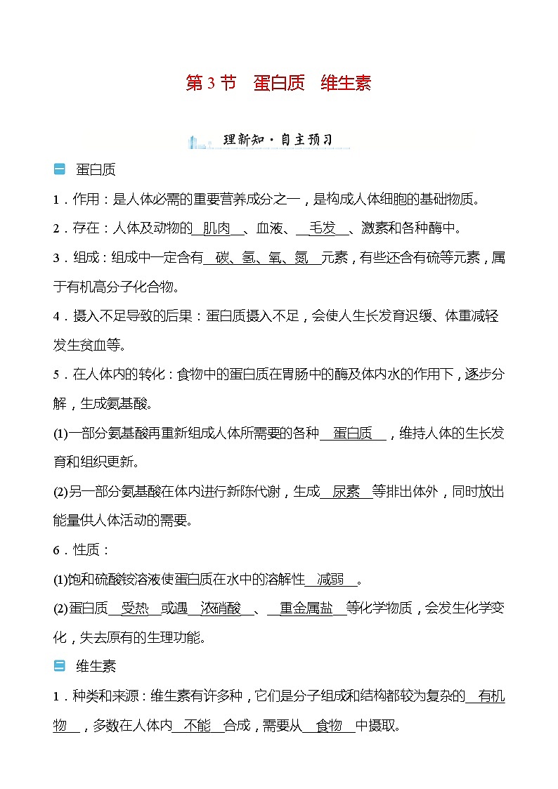 第8章 第3节 蛋白质维生素 学案—2020-2021学年九年级化学沪教版下册01