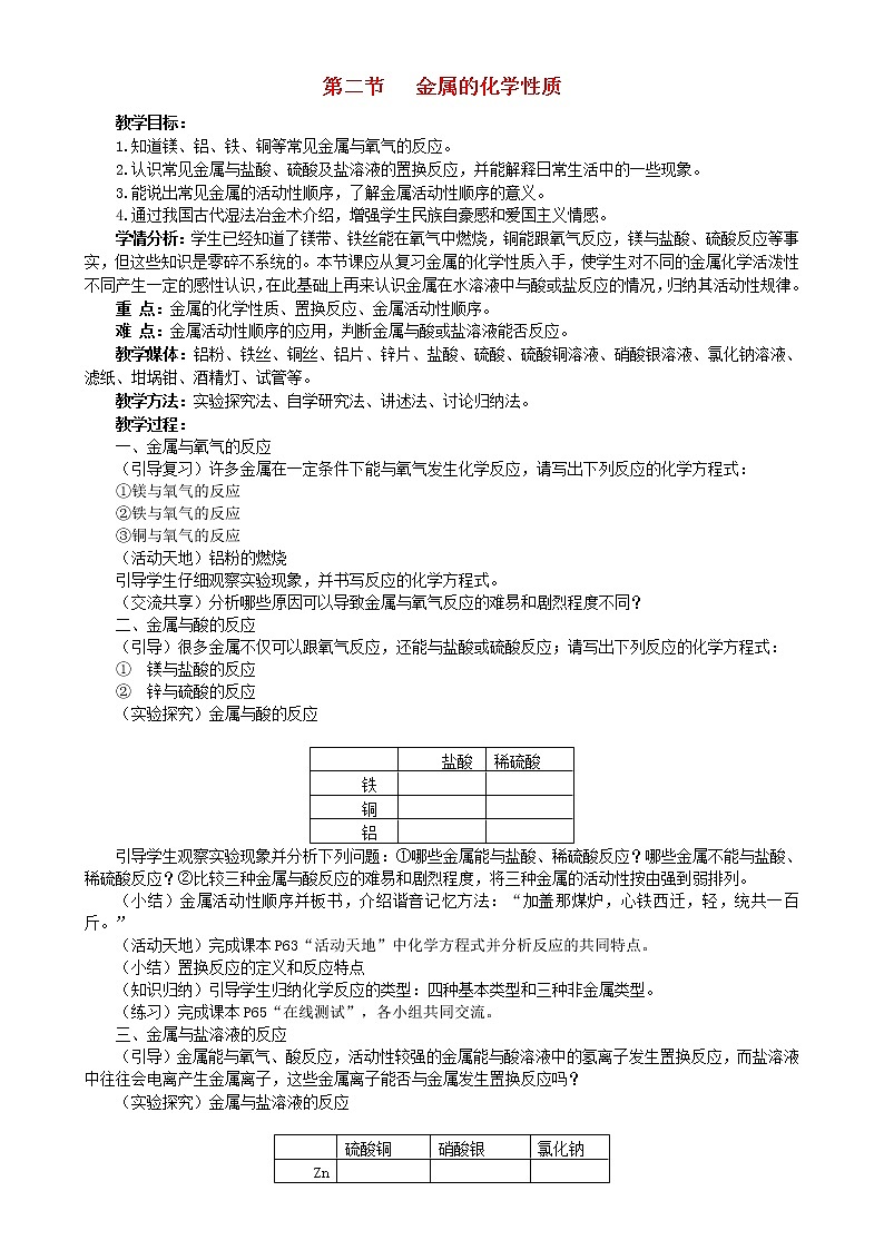 鲁教初中化学九年级下册《第九单元 第2节 金属的化学性质》教案01