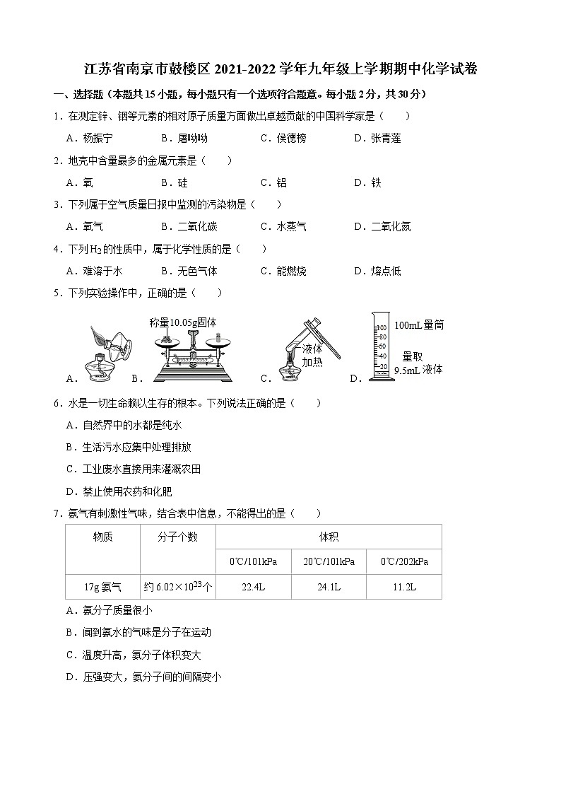 江苏省南京市鼓楼区2021-2022学年九年级上学期期中化学【试卷+答案】第1页
