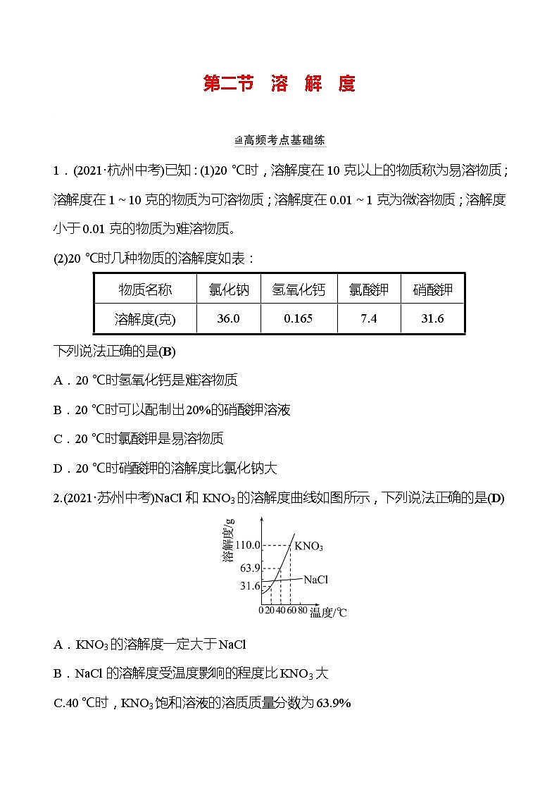 备战2022 鲁教版 中考复习 第八单元 专题2 溶解度 同步练习 (教师版)第1页