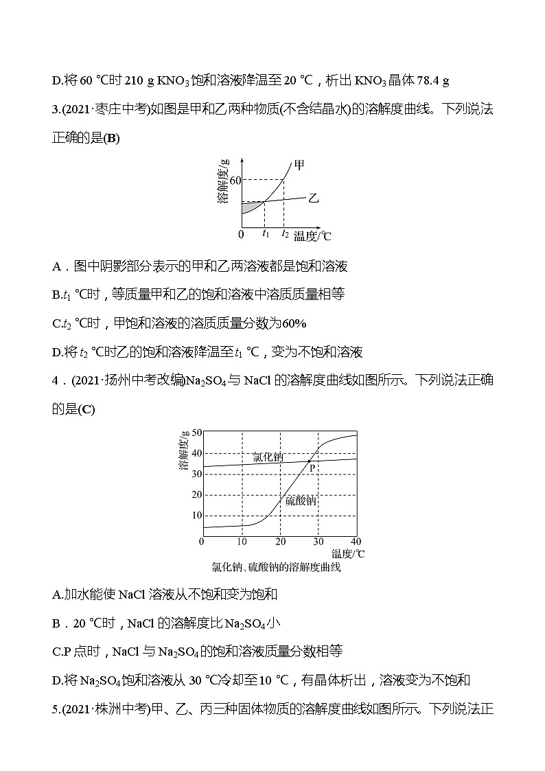 备战2022 鲁教版 中考复习 第八单元 专题2 溶解度 同步练习 (教师版)第2页